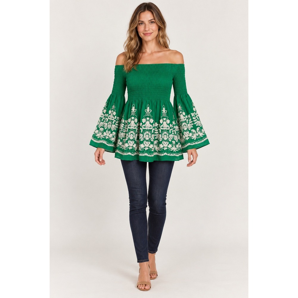 Flying Tomato Embroidered Top Womens Small Boho Cottagecore Smocked Bell Sleeve